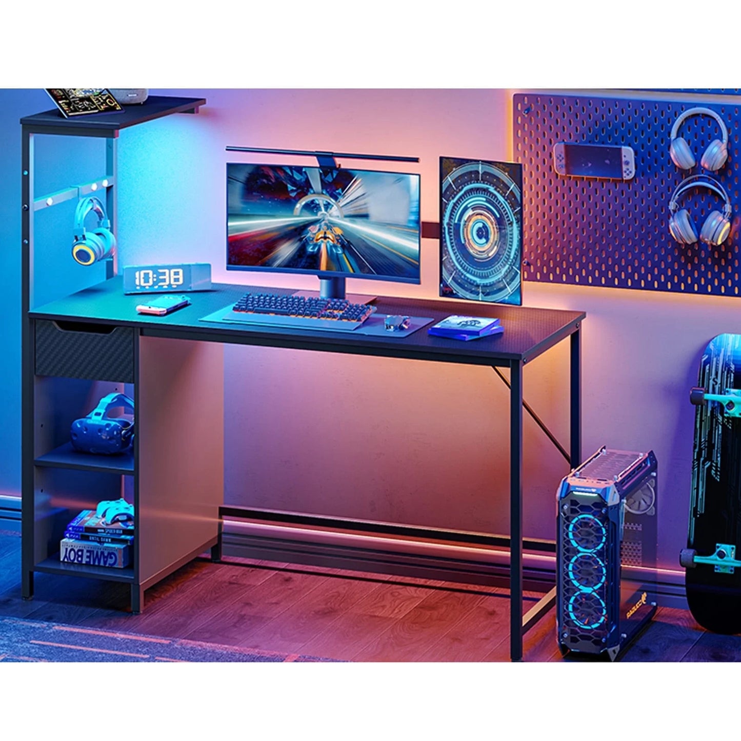 48-Inch Black LED Gaming Desk with Adjustable Shelf and Storage Drawer
