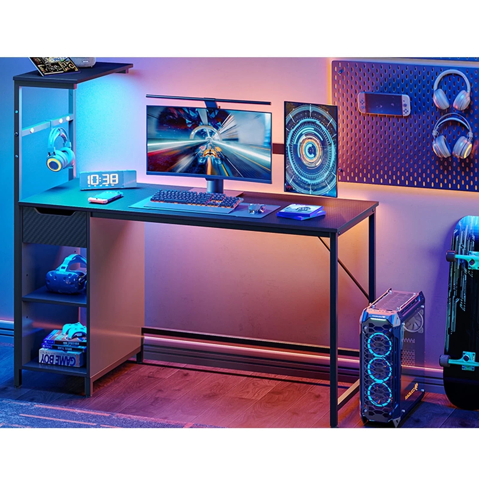 48-Inch Black LED Gaming Desk with Adjustable Shelf and Storage Drawer