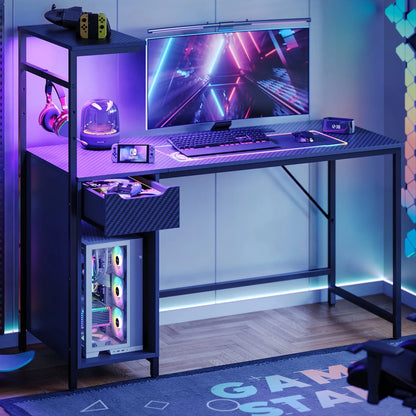 48-Inch Black LED Gaming Desk with Adjustable Shelf and Storage Drawer