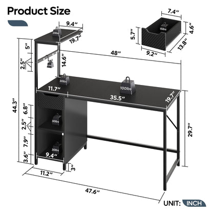 48-Inch Black LED Gaming Desk with Adjustable Shelf and Storage Drawer