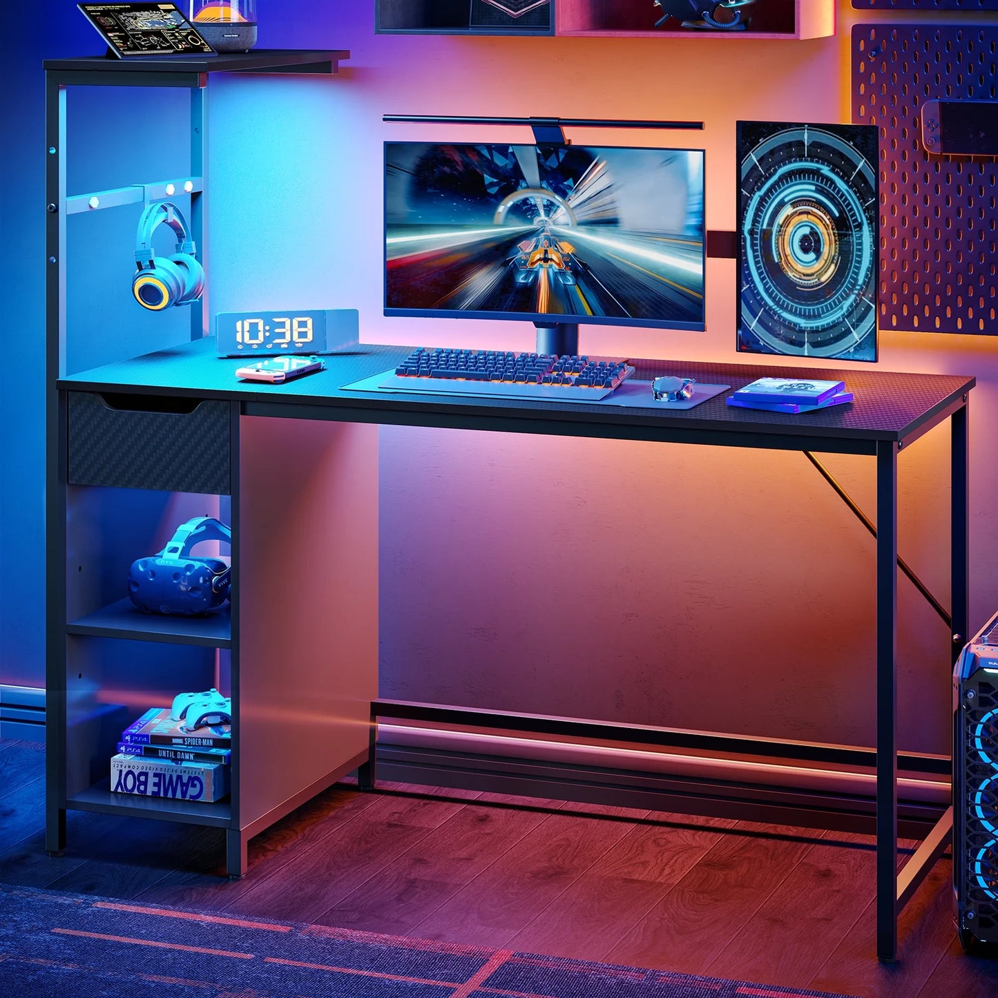 48-Inch Black LED Gaming Desk with Adjustable Shelf and Storage Drawer