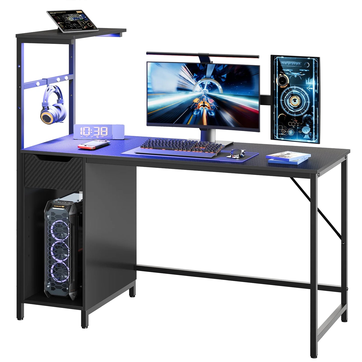 48-Inch Black LED Gaming Desk with Adjustable Shelf and Storage Drawer